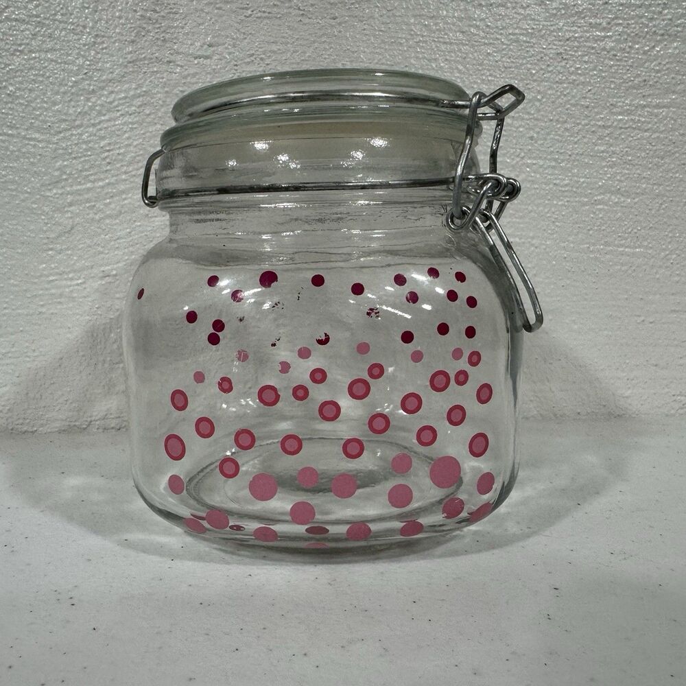 Pink Polka Dot Glass Storage Jar with Clamp-Top Lid (Airtight Canister)
